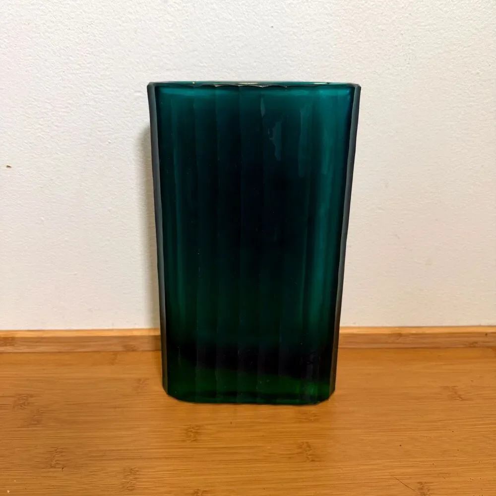 Vintage Emerald Green Art Glass Vase Faceted Ribbed MCM Scandinavian Style
